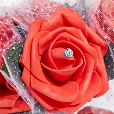 Sparkle And Bash Red Artificial Roses Foam Bouquet For Bride & Bridesmaids, Faux Fake Flowers For Wedding Party Decorations, 9.5 In - Image 3