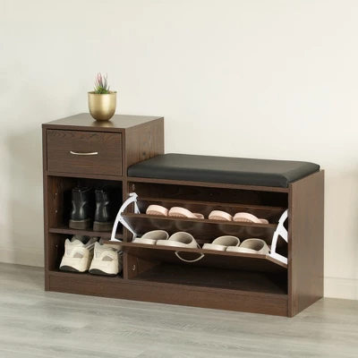 Basicwise Wooden Entryway Shoe Storage Bench With Cushion, Brown - Image 3