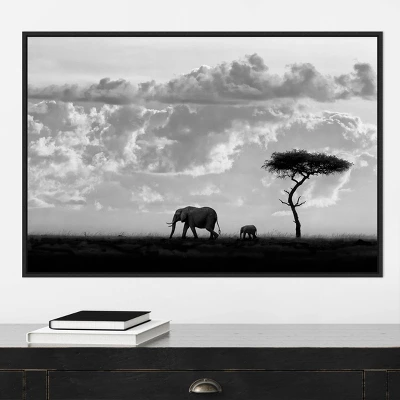 33" X 22" Elephant Silhouettes At Maasai Mara By 1x Framed Canvas Wall Art Black - Amanti Art - Image 5