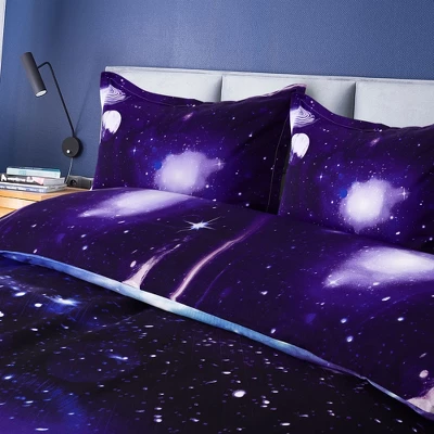 PiccoCasa Polyester Galaxy Sky Cosmos Night Pattern 3D Printed Duvet Cover Set With 2 Pillowcases 4 Pcs Queen Dark Purple - Image 2