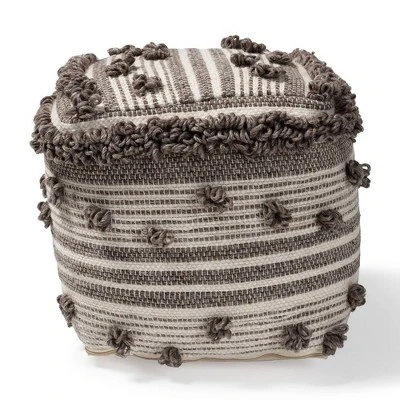 Eligah Handwoven Wool Moroccan Inspired Pouf Ottoman Ivory/Brown - Baxton Studio - Image 5