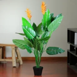 Northlight 50" Green And Orange Artificial Bird Of Paradise Plant In A Black Pot