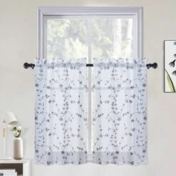 Trinity Sheer Curtains Leaves Embroidered Kitchen Curtains Rod Pocket Faux Linen Textured Window Treatments, Set Of 2