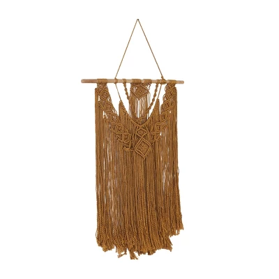 49" X 27" Fabric Macrame Handmade Intricately Weaved Wall Decor With Beaded Fringe Tassels Brown - Olivia & May - Image 2