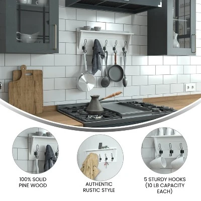 Flash Furniture Daly Wall Mounted 24 Inch Solid Pine Wood Storage Rack With Upper Shelf And 5 Hooks For Entryway, Kitchen, Bathroom, Solid White - Image 5