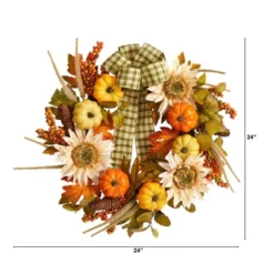 Nearly Natural 24” Fall Pumpkin, Sunflower Artificial Autumn Wreath With Decorative Ribbon