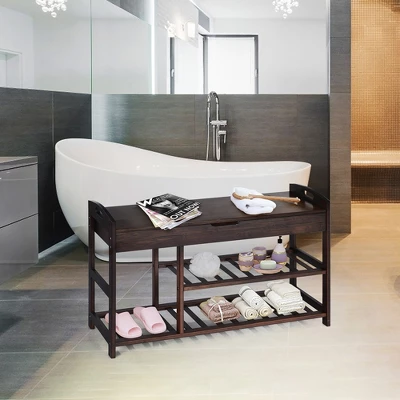 Costway 3-Tier Bamboo Shoe Bench Entryway Storage Rack Organizer Home Hallway BrownNature - Image 9