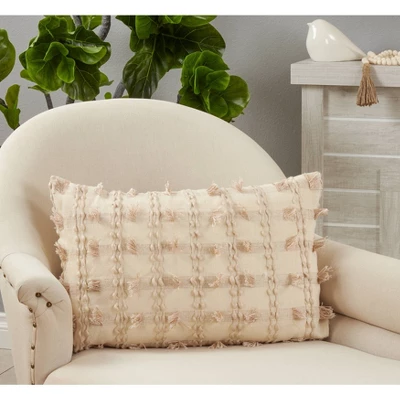 16"x24" Oversized Striped Design With Fringe Lumbar Throw Pillow Cover Natural - Saro Lifestyle - Image 2