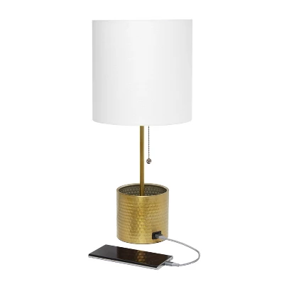 Hammered Metal Organizer Table Lamp With USB Charging Port And Fabric Shade - Simple Designs - Image 5