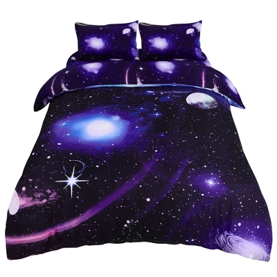 PiccoCasa Polyester Galaxy Sky Cosmos Night Pattern 3D Printed Duvet Cover Set With 2 Pillowcases 4 Pcs Queen Dark Purple - Image 7