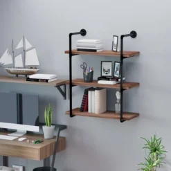HOMCOM 3-Tier Industrial Pipe Shelves, Floating Wall Mounted Bookshelf, Metal Frame Display Rack For Living Room Or Bedroom, Rustic Brown