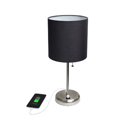19.5" Bedside USB Port Feature Metal Table Desk Lamp Brushed Steel With Black Fabric Shade - Creekwood Home - Image 2