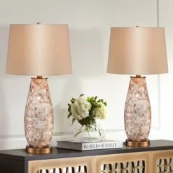 Regency Hill Cottage Table Lamps 26.5" High Set Of 2 Mother Of Pearl Tile Vase Beige Drum Shade For Living Room Family Bedroom Bedside Office