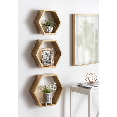 3pc Putnam Hexagon Wood Shelf Set Gold - Kate & Laurel All Things Decor - Image 4