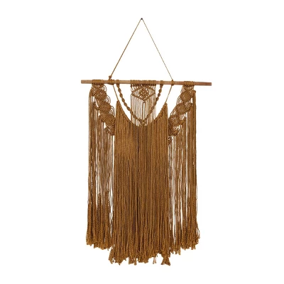 49" X 27" Fabric Macrame Handmade Intricately Weaved Wall Decor With Beaded Fringe Tassels Brown - Olivia & May