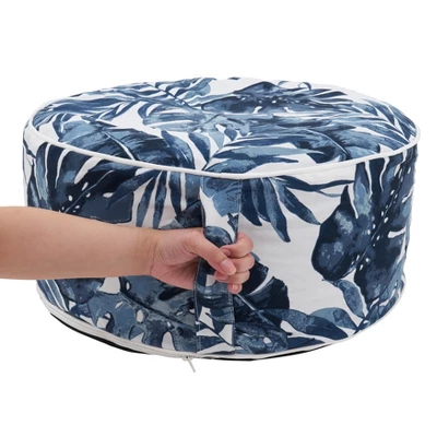 Saro Lifestyle Blue Tropic Outdoor Ottoman, 21"x9" Round, Navy Blue