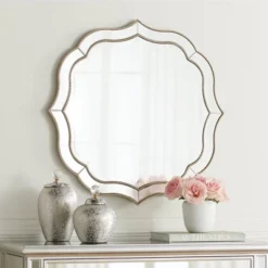 Noble Park Laureen Scalloped Round Vanity Wall Mirror Modern Beveled Glass Champagne Gold Beaded Frame 32" Wide For Bathroom Living Room Home Entryway