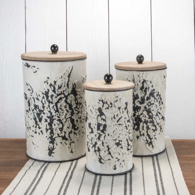 Set Of 3 Cream And Gray Floral Metal Decorative Storage Canisters - Foreside Home & Garden - Image 3