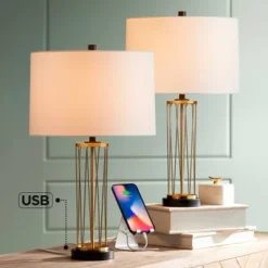 360 Lighting Nathan Modern Table Lamps 25 1/2" High Set Of 2 Gold Metal With USB Charging Ports Off White Drum Shade For Bedroom Living Room Home Desk