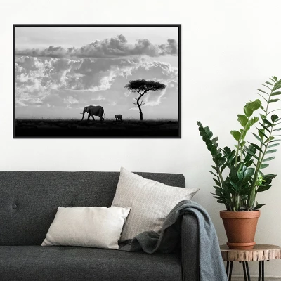 33" X 22" Elephant Silhouettes At Maasai Mara By 1x Framed Canvas Wall Art Black - Amanti Art - Image 6