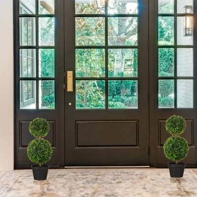 HOMCOM 2 Pack 23.5" Artificial Boxwood Topiary Ball Trees Set Of 2, Double Ball-Shaped Boxwood Artificial Topiary Plants For Indoor Outdoor, Green