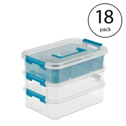 Sterilite Convenient Small Home 3-Tiered Layer Stacking Carry Storage Box With Colored Accent Secure Latches, Clear (18 Pack)