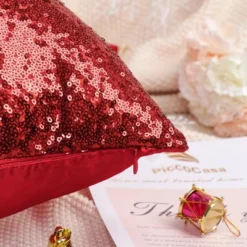 PiccoCasa Sequin Throw Pillow Covers Glitzy Shiny Sparkling Satin Solid Square Pillowcase 4 Pcs