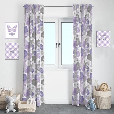 Bacati - Watercolor Floral Purple Gray Cotton Printed Single Window Curtain Panel