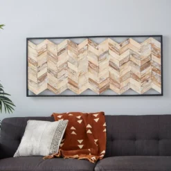 Teak Wood Geometric Handmade Chevron Panels Wall Decor With Distressing Brown - Novogratz