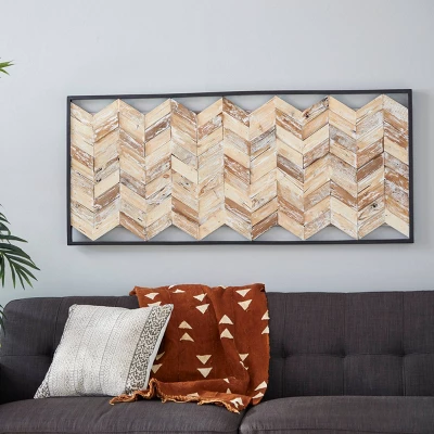 Teak Wood Geometric Handmade Chevron Panels Wall Decor With Distressing Brown - Novogratz