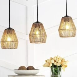 30" LED 3-Light Seagrass/Metal Ibiza Island Coastal Pendant Oil Rubbed Bronze/Natural - JONATHAN Y