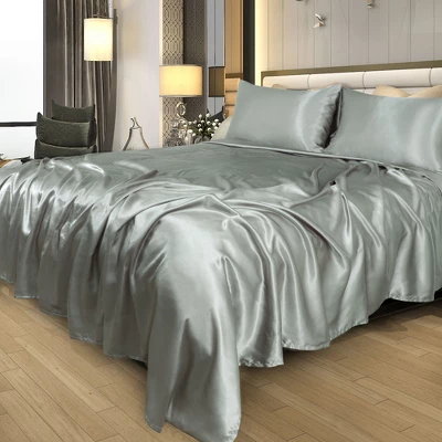PiccoCasa Satin Sheet Set Polyester With 2 Envelope Pillowcases Elastic Deep Pocket Fitted Sheet 4 Pcs