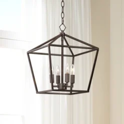 Franklin Iron Works Queluz Bronze Pendant Chandelier 13" Wide Industrial Rustic Geometric Cage 4-Light Fixture For Dining Room House Kitchen Island
