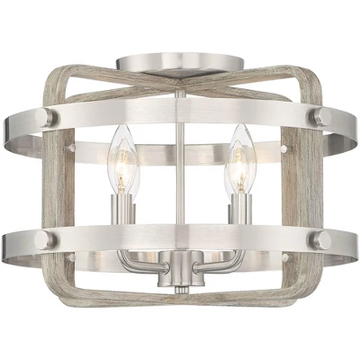 Barnes And Ivy Woodway Modern Farmhouse Ceiling Light Flush Mount Fixture 15 3/4" Wide Brushed Nickel Wood Grain 4-Light For Bedroom Living Room House - Image 3
