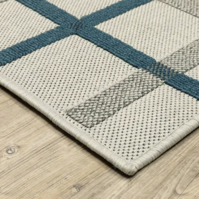 Trinity Textured Plaid Patio Area Rug Beige/Blue - Captiv8e Designs