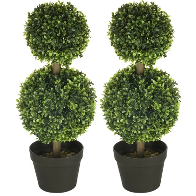 HOMCOM 2 Pack 23.5" Artificial Boxwood Topiary Ball Trees Set Of 2, Double Ball-Shaped Boxwood Artificial Topiary Plants For Indoor Outdoor, Green - Image 3