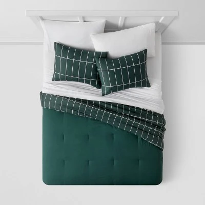 Grid Print Microfiber Reversible Comforter & Sheet Set Dark Green - Room Essentials™ - Image 3