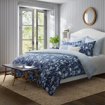 Laura Ashley 7pc Full/Queen Branch Toile 100% Cotton Comforter Sham Bonus Set Blue - Image 2
