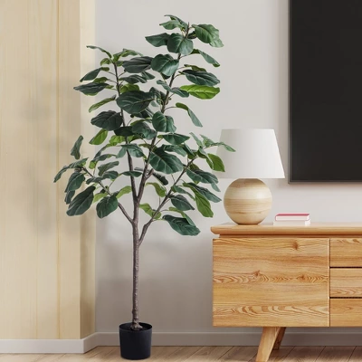 Forever Leaf 72" Artificial Fiddle Tree In Black Pot 3 Stem, Indoor Artificial Plant For Home Decor