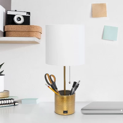 Hammered Metal Organizer Table Lamp With USB Charging Port And Fabric Shade - Simple Designs - Image 2