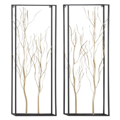 Metal Tree Branch Wall Decor With Black Frame Set Of 2 Gold - Olivia & May