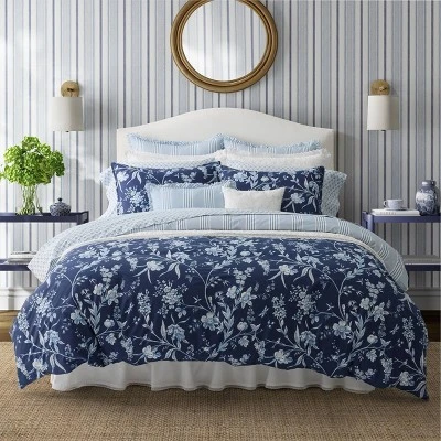 Laura Ashley 7pc Full/Queen Branch Toile 100% Cotton Comforter Sham Bonus Set Blue