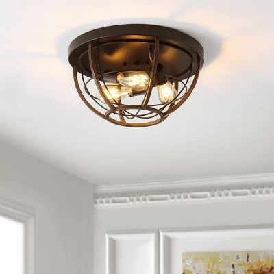 15.75" 3-Light Lyla Rustic Farmhouse Iron LED Flush Mount Wood Finished/Oil Rubbed Bronze - JONATHAN Y - Image 5
