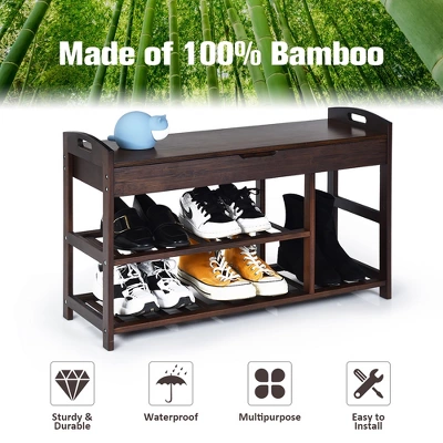 Costway 3-Tier Bamboo Shoe Bench Entryway Storage Rack Organizer Home Hallway BrownNature - Image 6