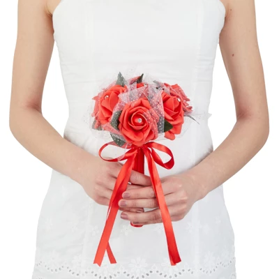 Sparkle And Bash Red Artificial Roses Foam Bouquet For Bride & Bridesmaids, Faux Fake Flowers For Wedding Party Decorations, 9.5 In - Image 2