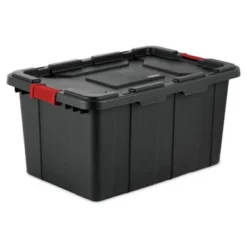 Sterilite 27-Gallon Large Stackable Rugged Storage Tote Container With Red Latching Clip Lid For Garage, Attic, Worksite, Or Camping, Black