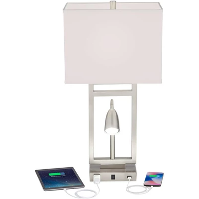 Possini Euro Design Modern Table Lamp With USB Outlet Reading Light LED 29.25" Tall Brushed Nickel Rectangular Off White Shade Bedroom Office - Image 2