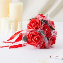 Sparkle And Bash Red Artificial Roses Foam Bouquet For Bride & Bridesmaids, Faux Fake Flowers For Wedding Party Decorations, 9.5 In