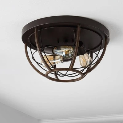 15.75" 3-Light Lyla Rustic Farmhouse Iron LED Flush Mount Wood Finished/Oil Rubbed Bronze - JONATHAN Y - Image 7