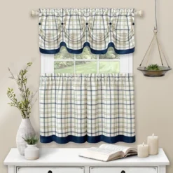 Kate Aurora Country Farmhouse Plaid 3 Pc Tattersall Cafe Kitchen Curtain Tier & Valance Set